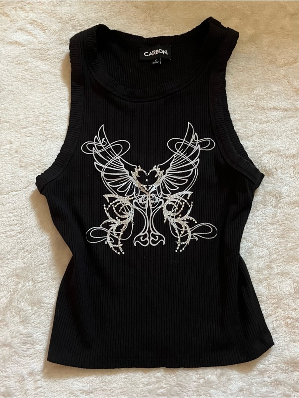 Carbon Black Ribbed Tank with White Wing Graphic